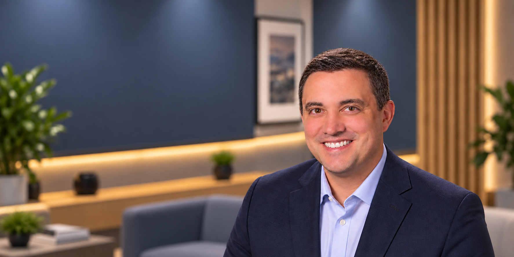 Justin Sonon, founder and president of Sonon Insurance, in a softly lit office