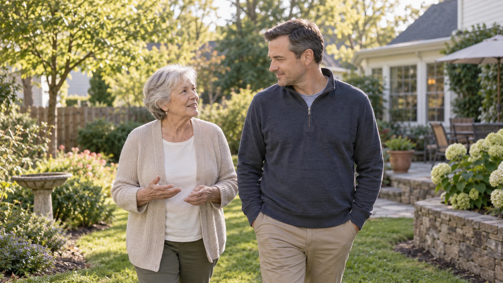Older woman walking and talking with her adult son in a home garden