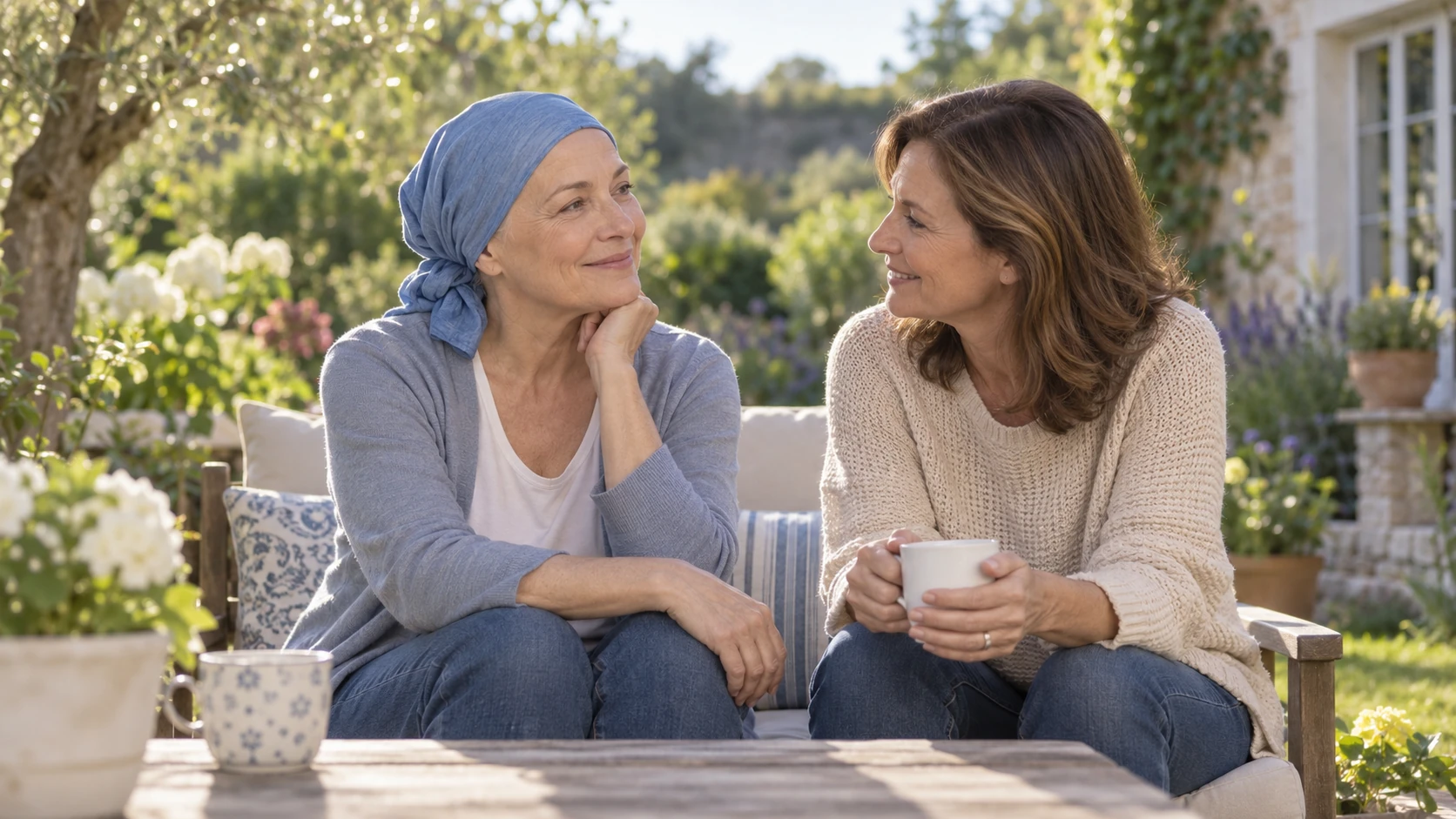 Woman in a soft headscarf talking with a supportive friend in a garden