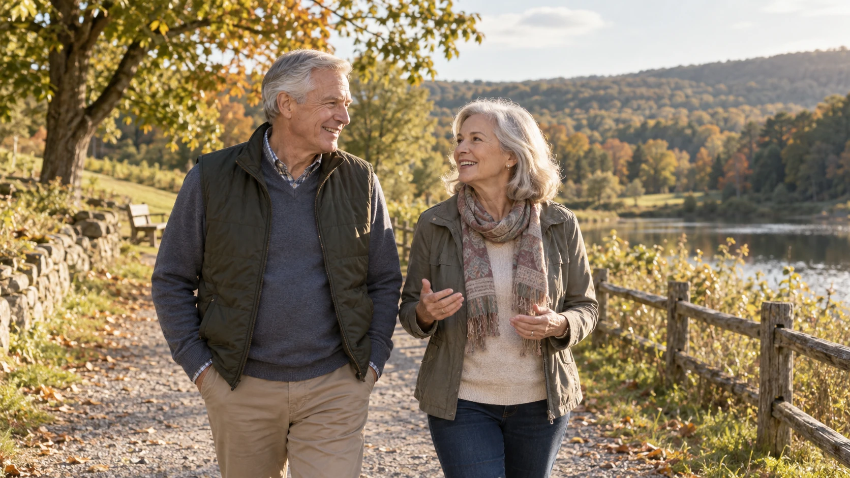 Older couple walking together on a sunlit park path