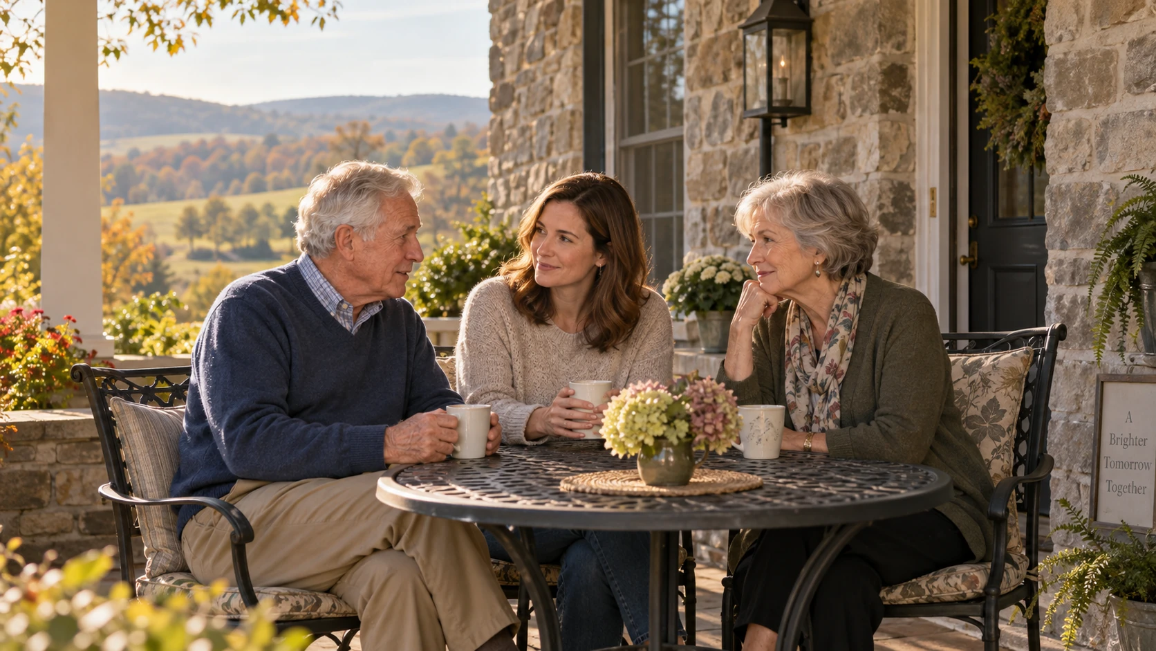 Older couple talking with their adult daughter on a stone-house porch