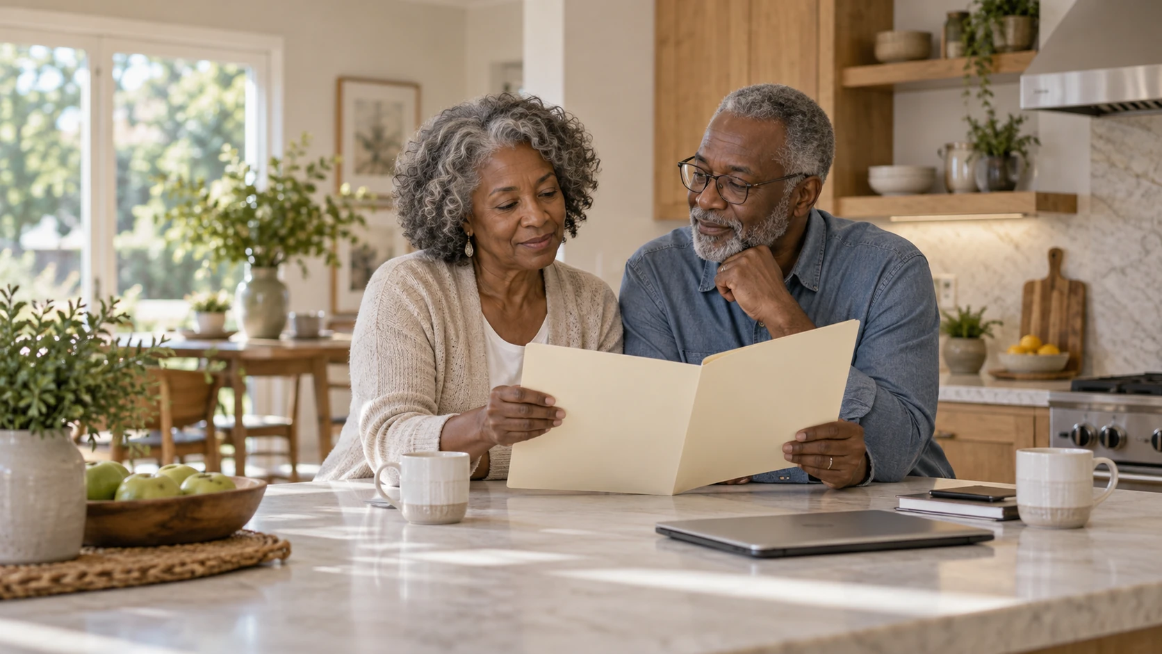 Retired couple reviewing a folder together at their kitchen island