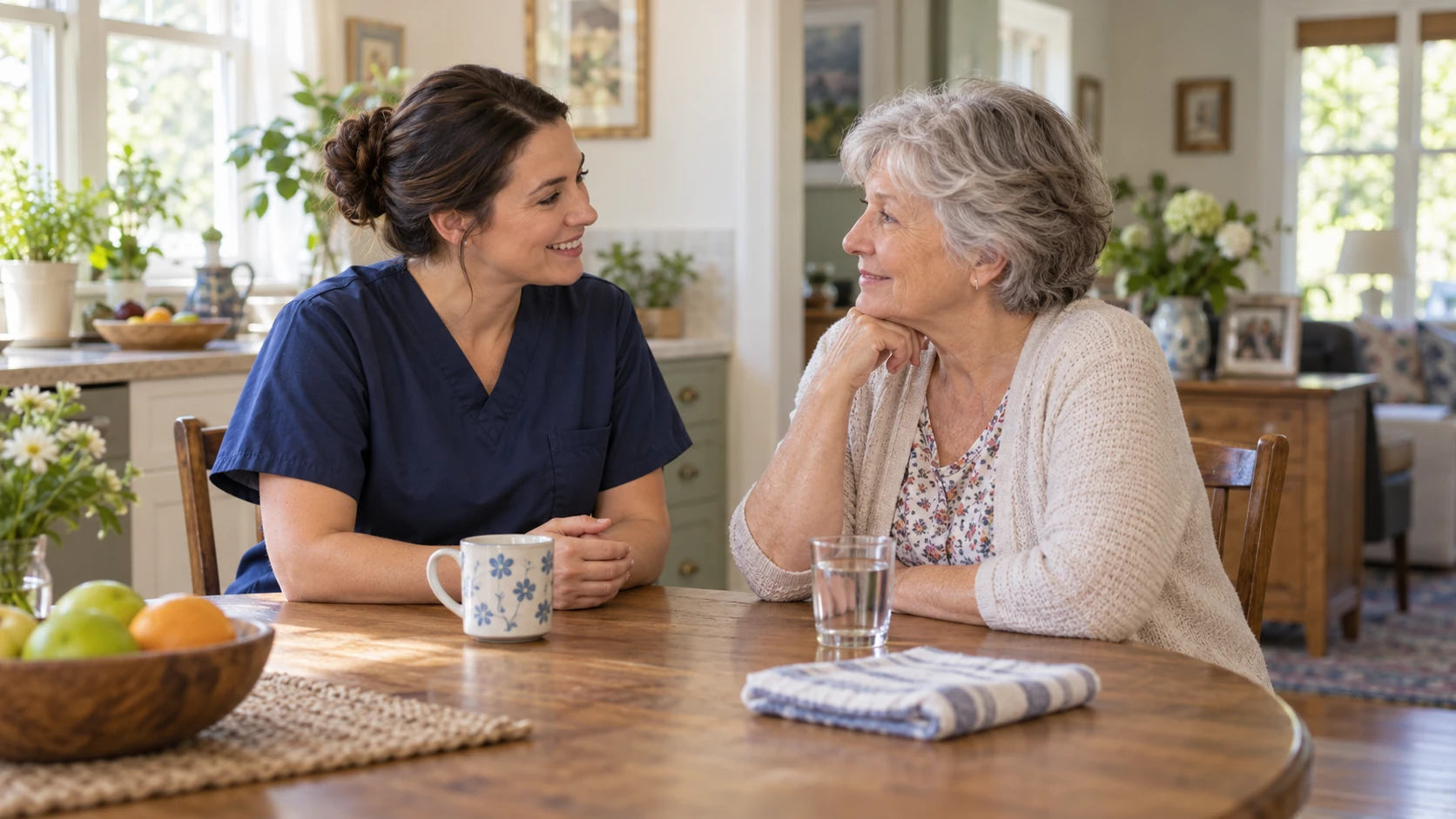 Home caregiver talking with an older woman at her kitchen table