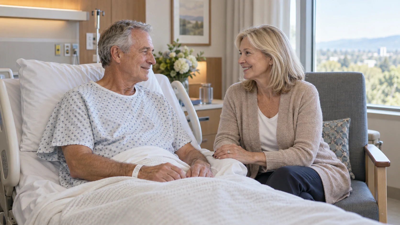 Older man talking with his wife in a calm hospital room
