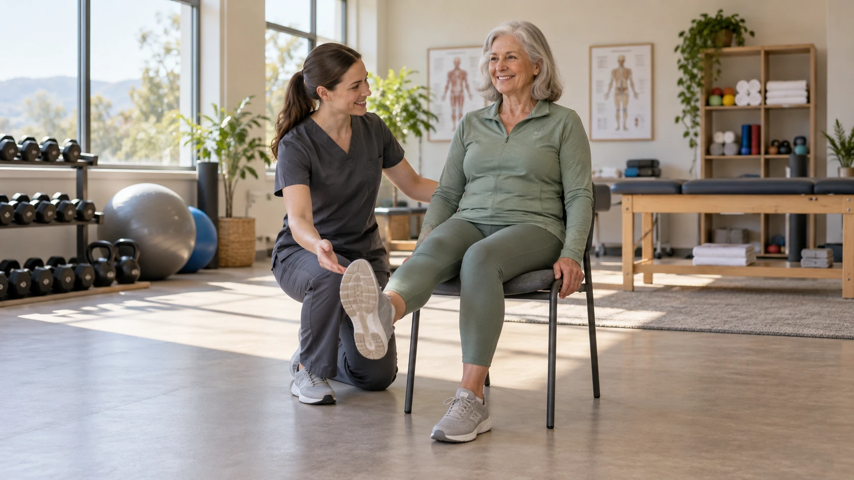 Physical therapist guiding an older woman through a seated exercise