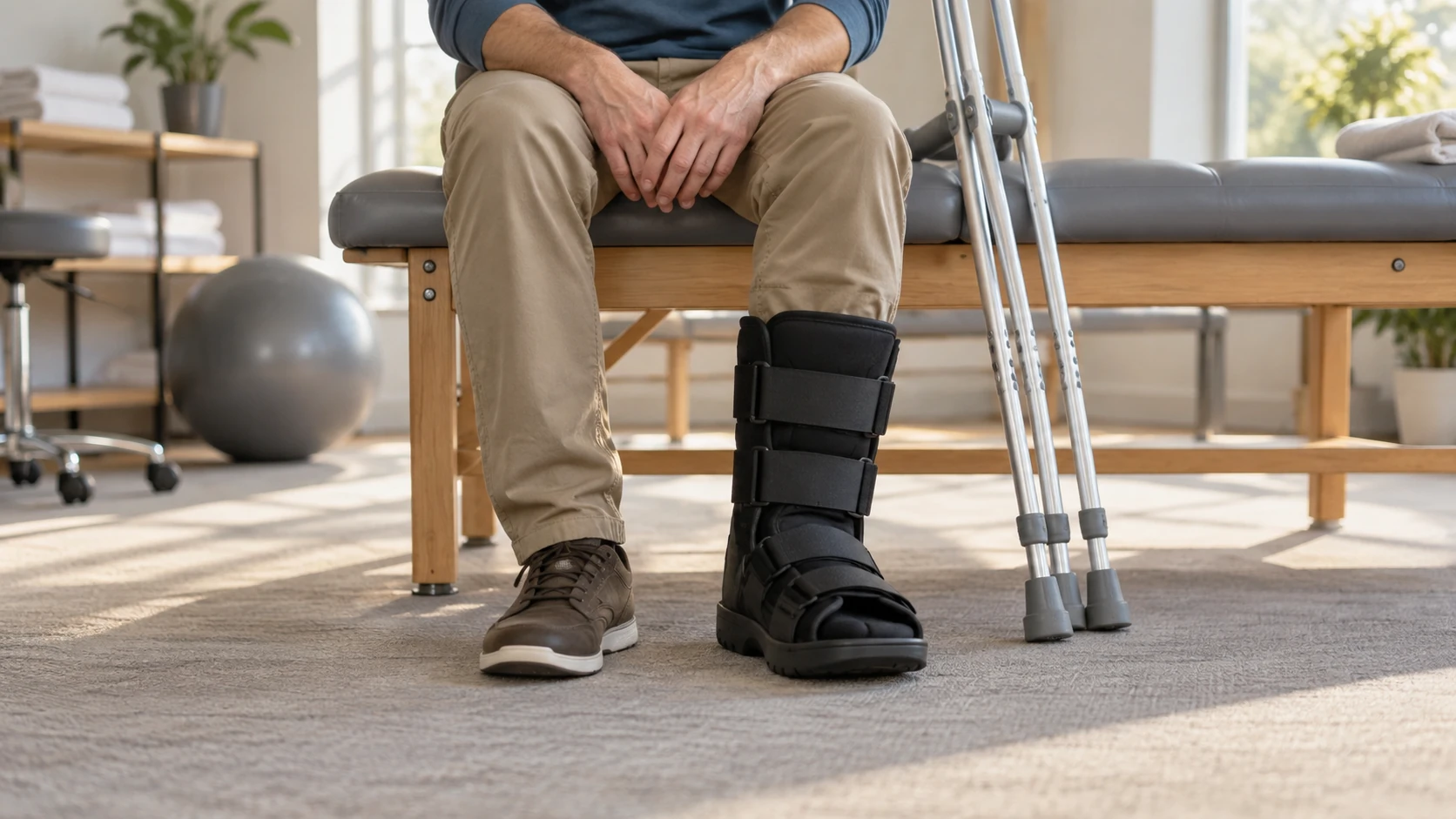 Person wearing a walking boot seated beside crutches in a physical therapy room