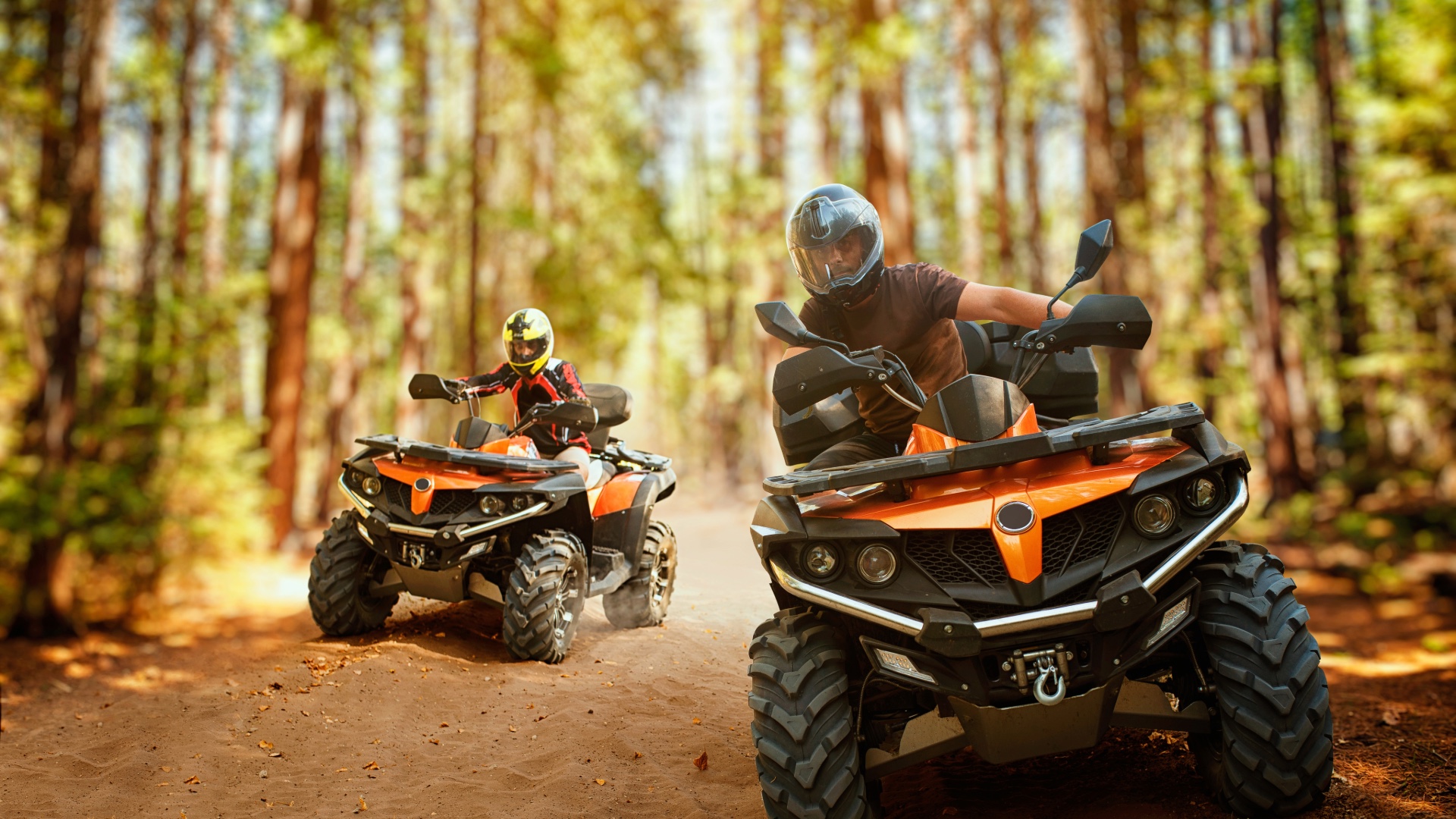 Two helmeted riders driving orange ATVs through a forest