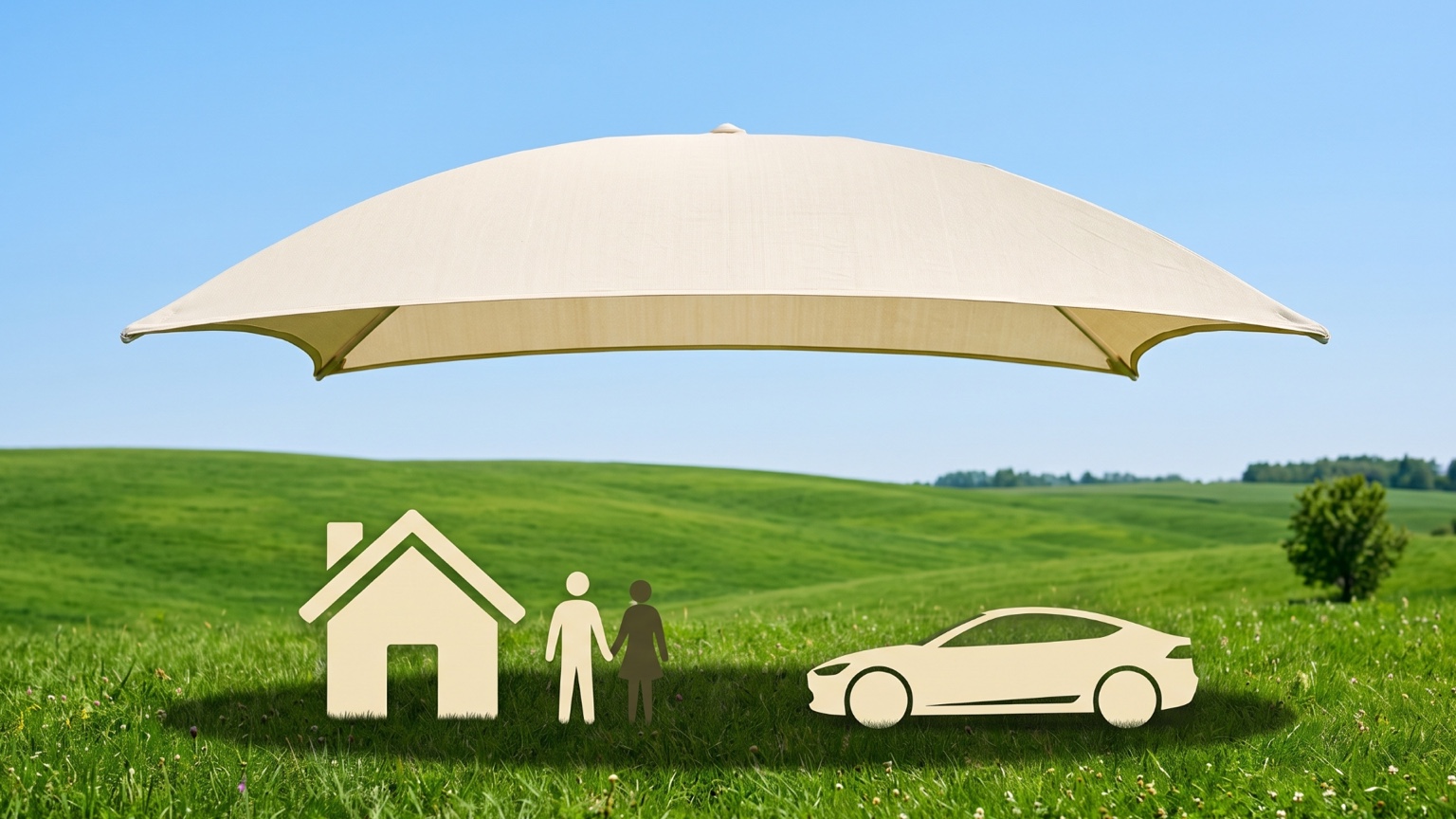 Large umbrella protecting a home, family, and car