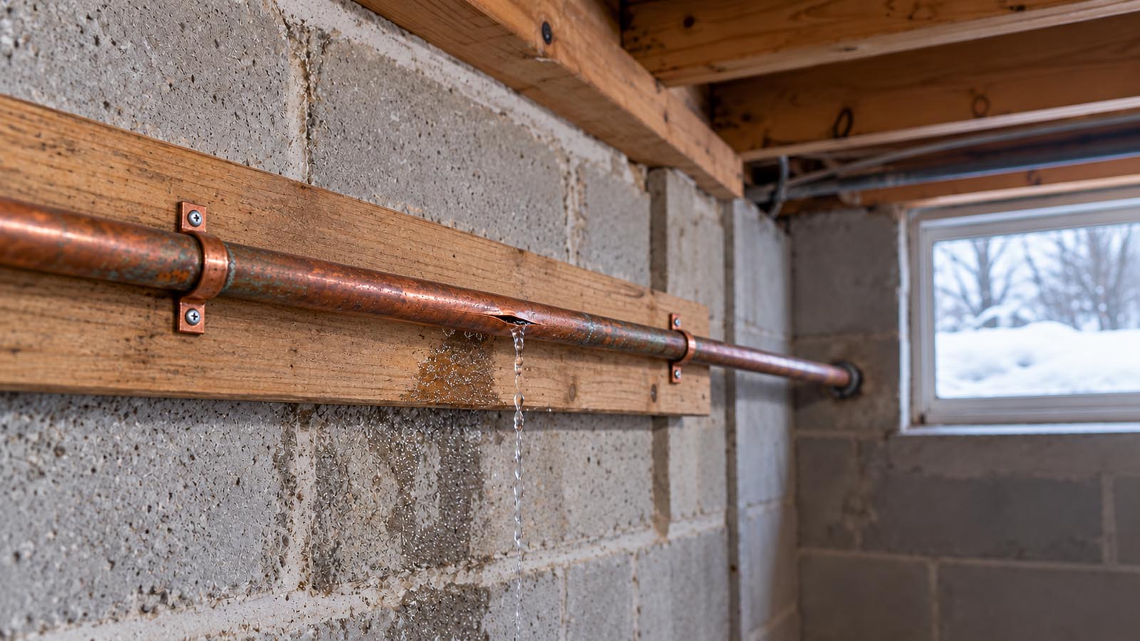 AI-generated illustration of a split copper water pipe leaking in a home's basement in winter.