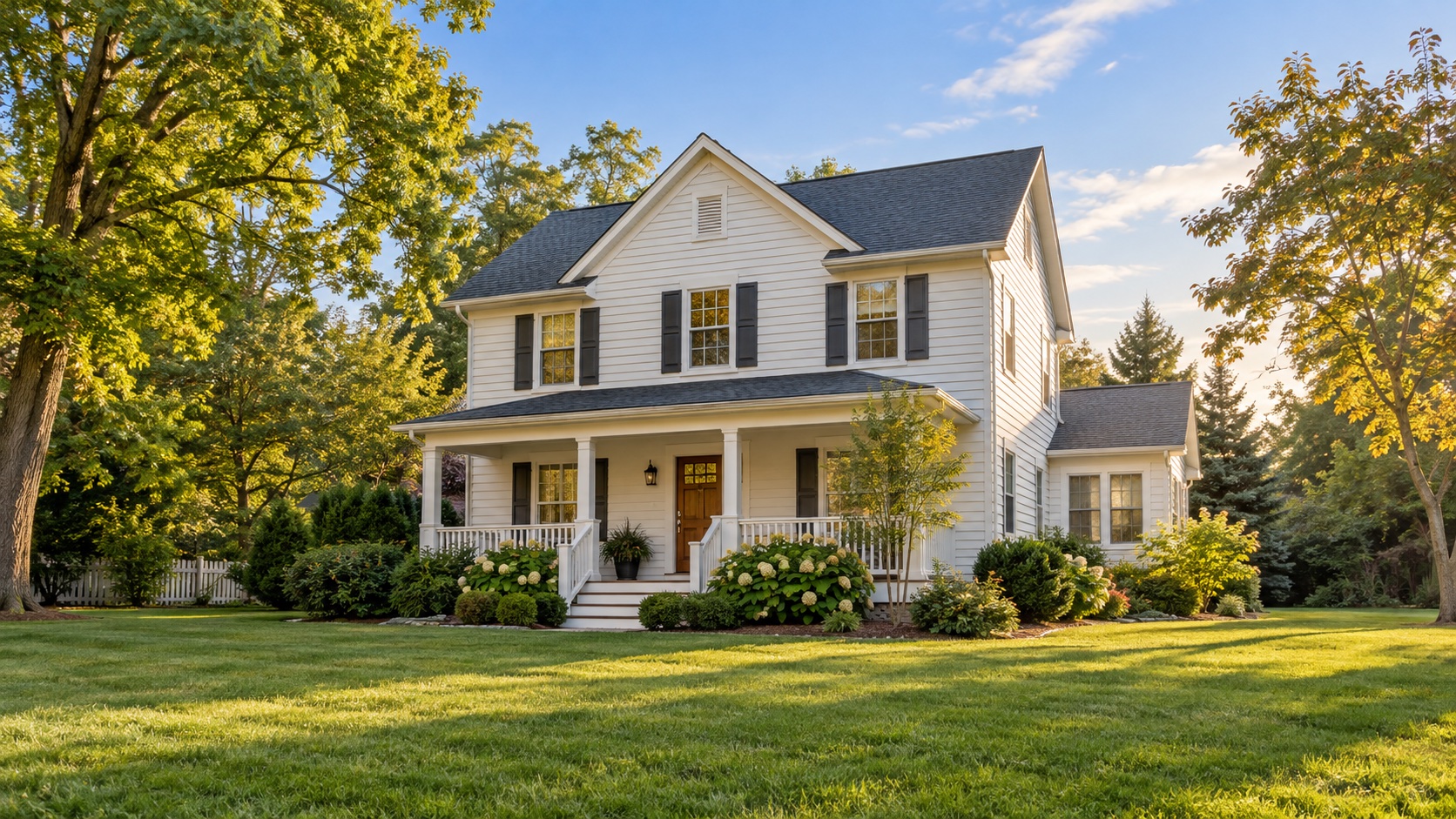 Two-story home with an intact pitched roof, front porch, and landscaped yard