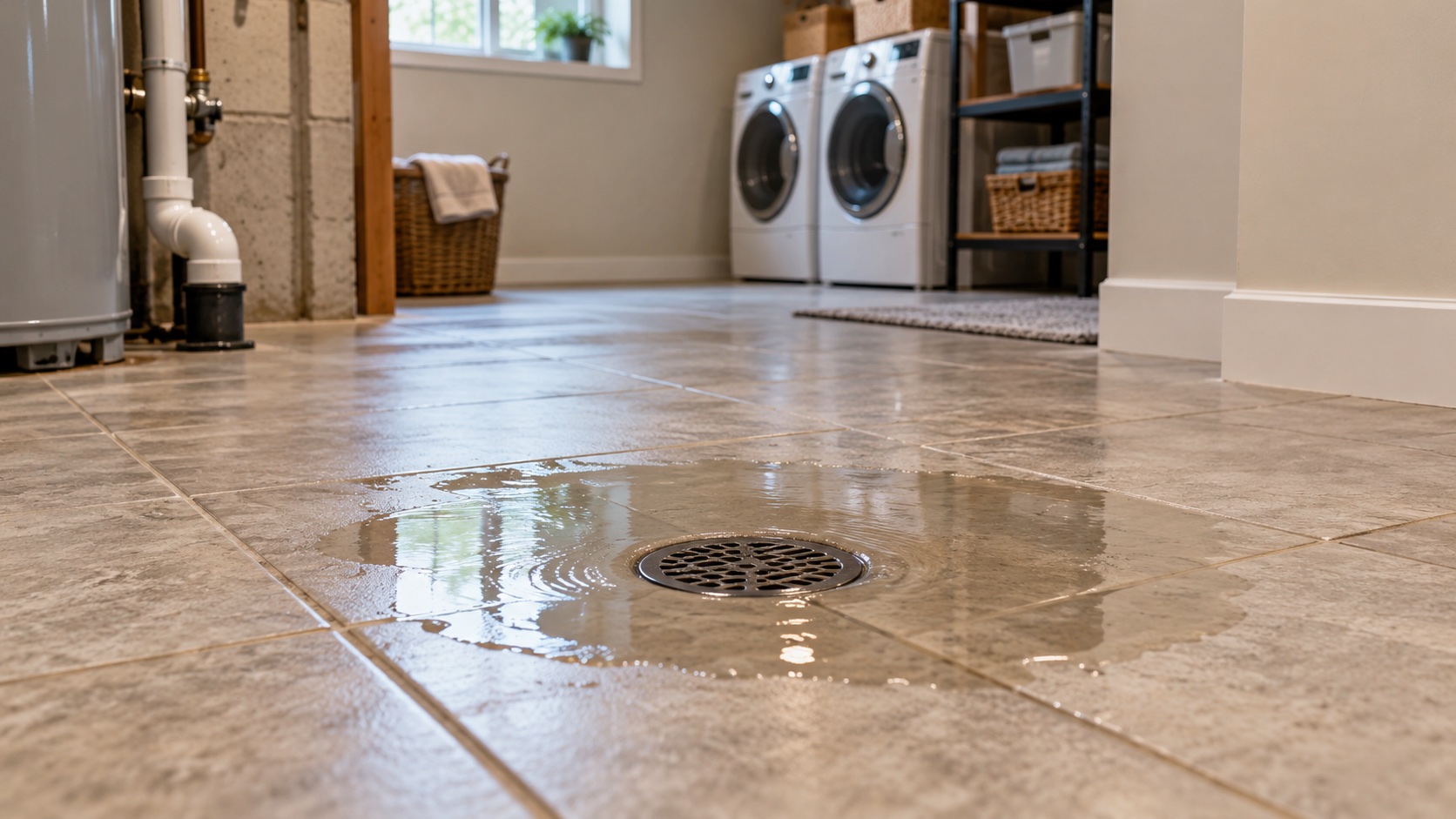 Shallow water surrounding a floor drain in a basement laundry room