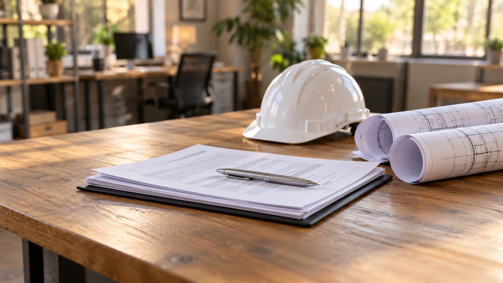 Bond paperwork and a pen beside project plans and a white contractor hard hat on an office desk