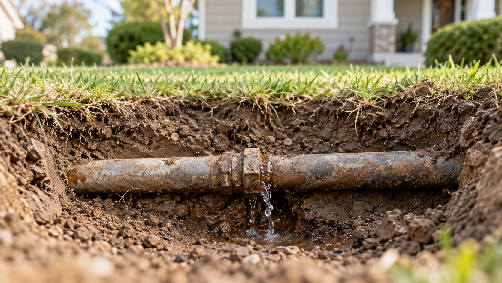 Exposed metal water service pipe in a shallow yard trench with a leaking joint