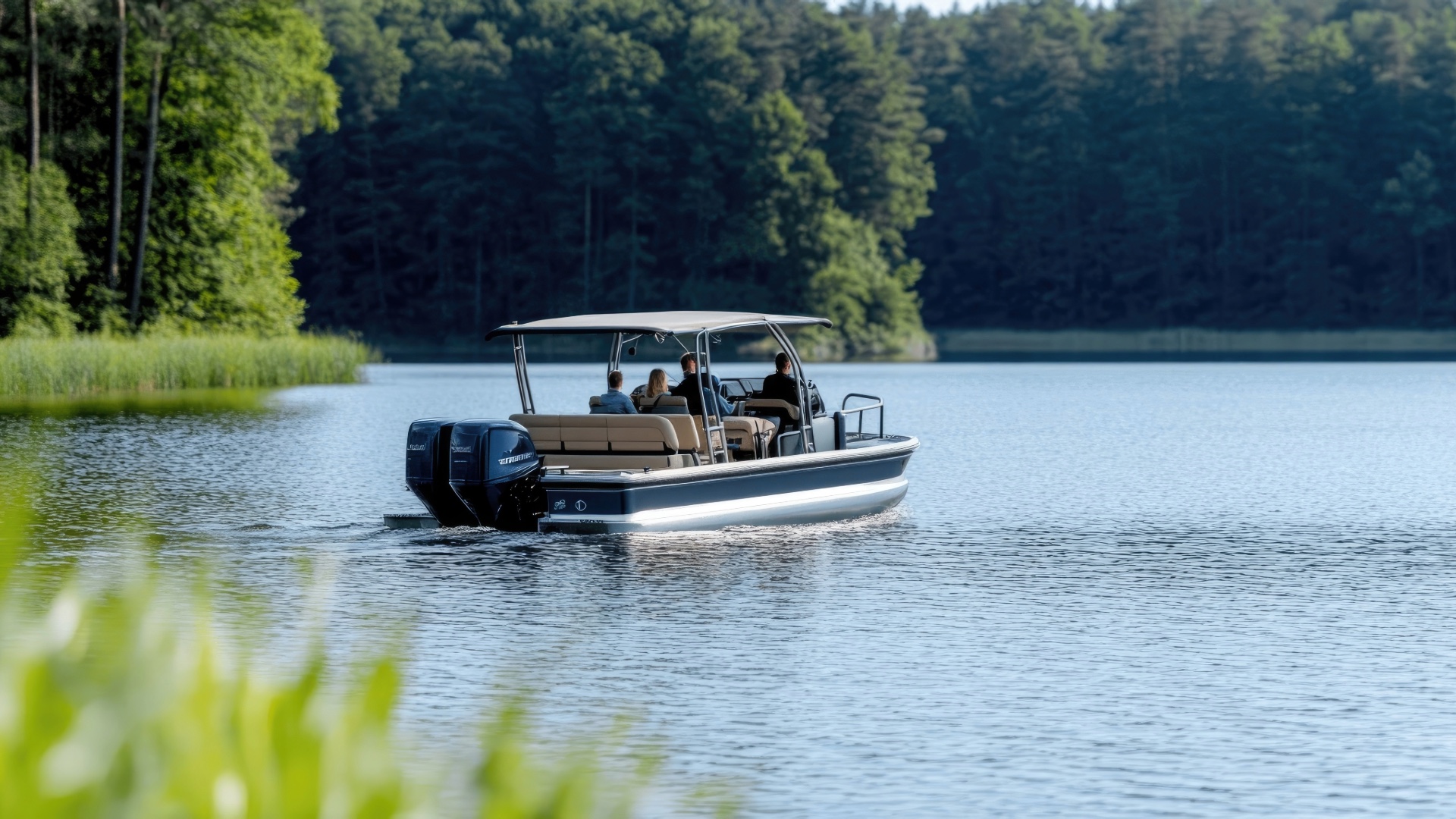 Pontoon boat carrying passengers across a quiet lake