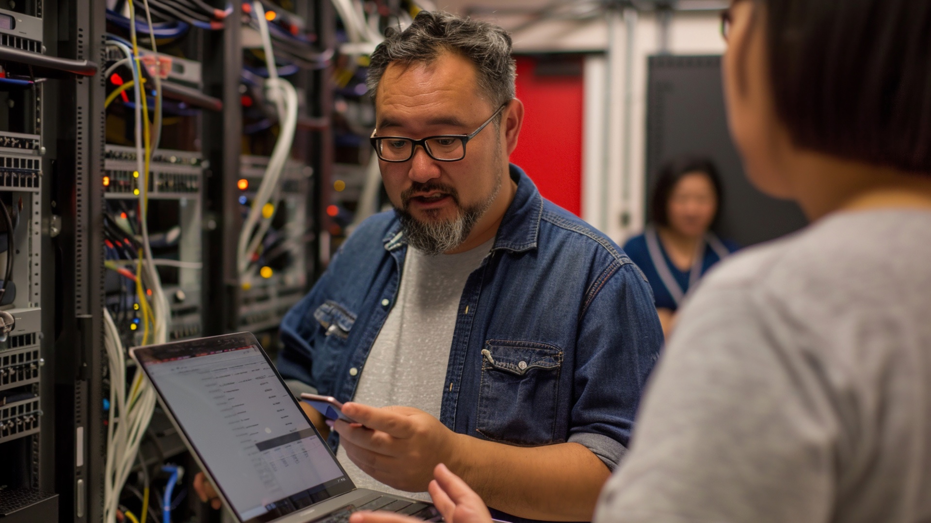 IT service provider working with a customer in a server room