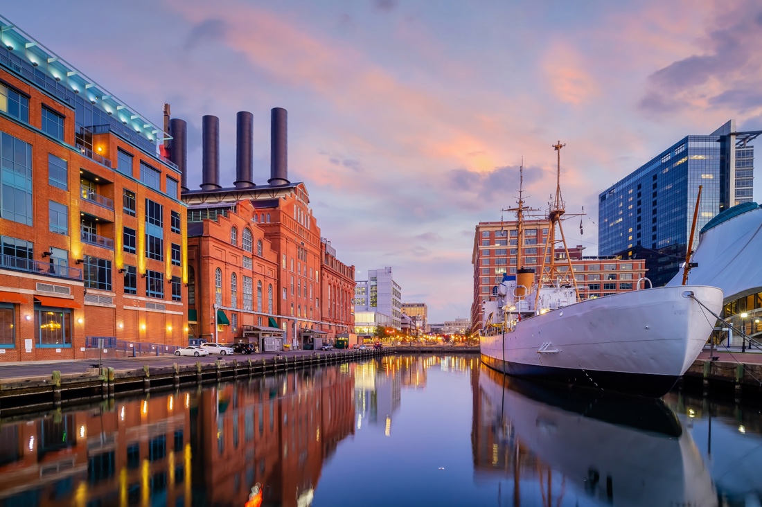 Baltimore Inner Harbor waterfront at dusk