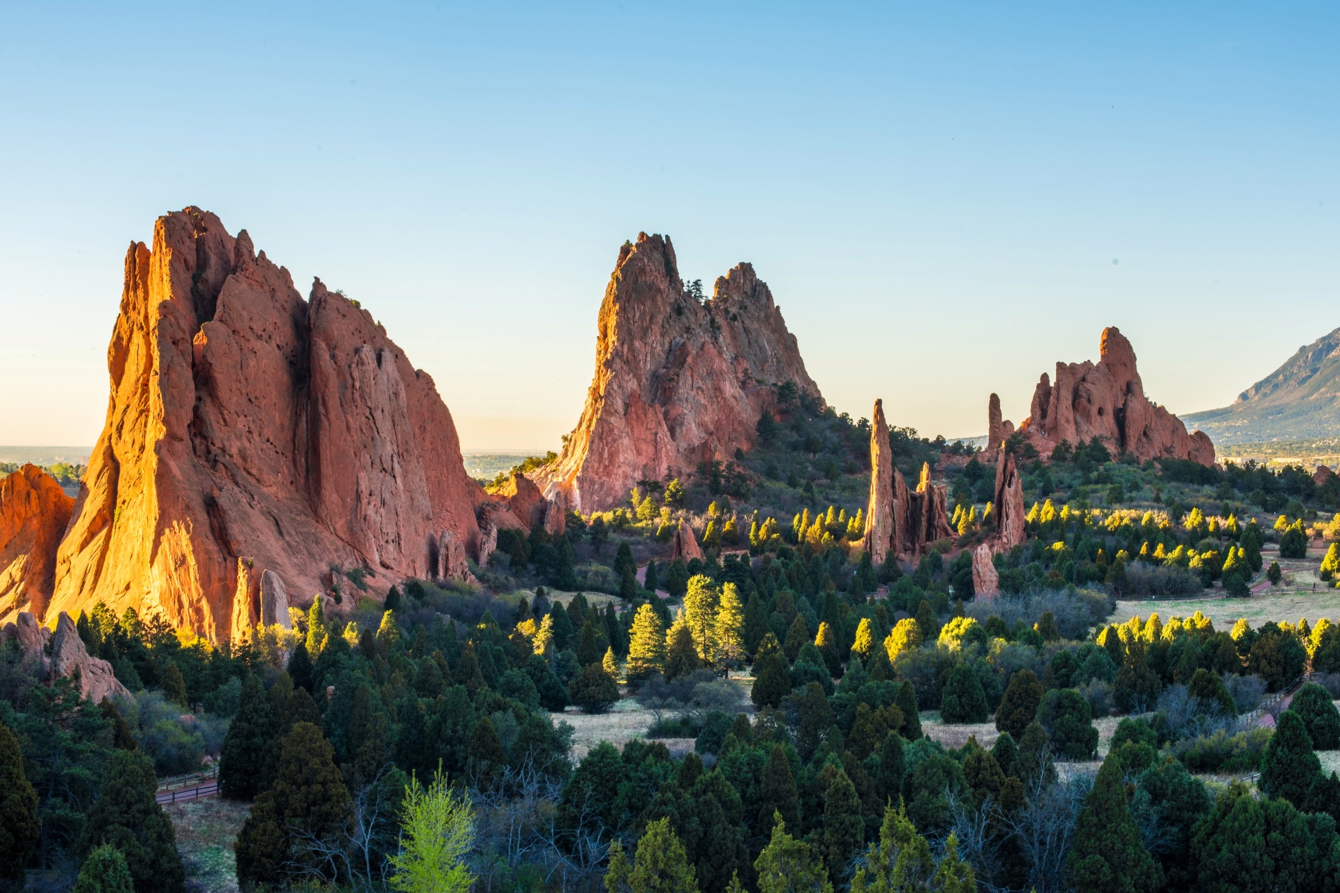 Garden of the Gods rock formations in Colorado Springs at golden hour