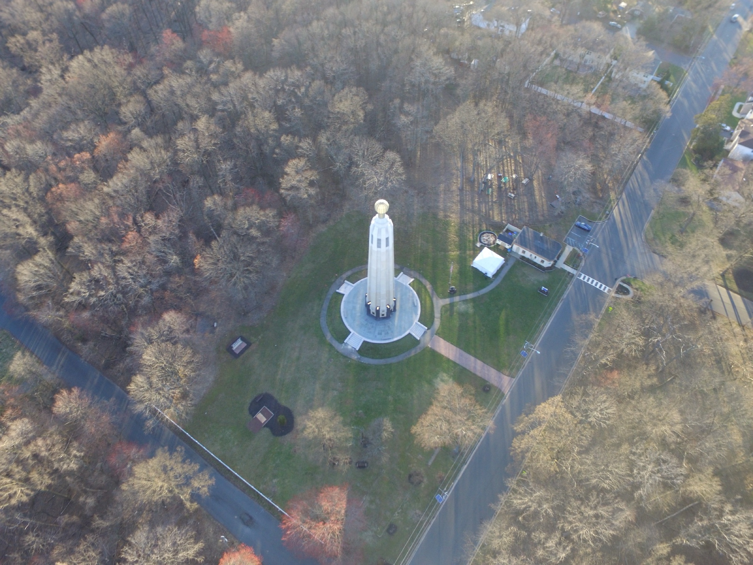 Aerial view of the Thomas Edison Memorial Tower in Edison, New Jersey
