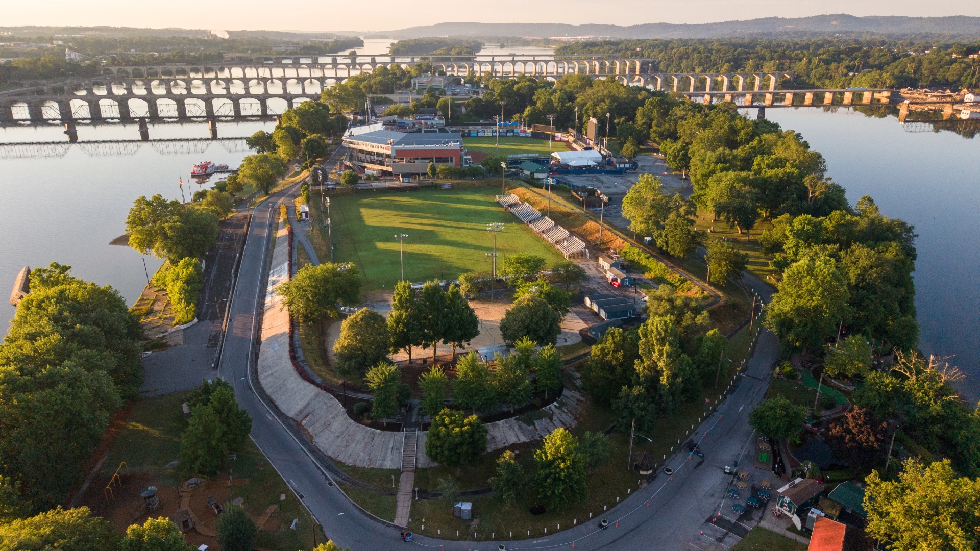 Aerial view of Harrisburg's City Island and Susquehanna River bridges