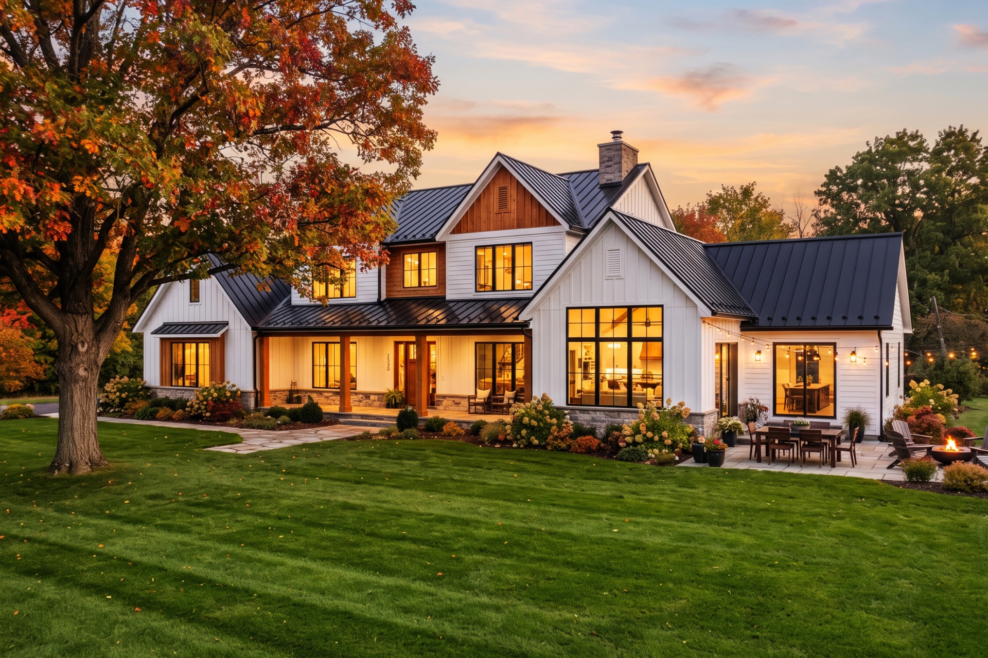 Luxury Pennsylvania home with autumn landscaping at sunset