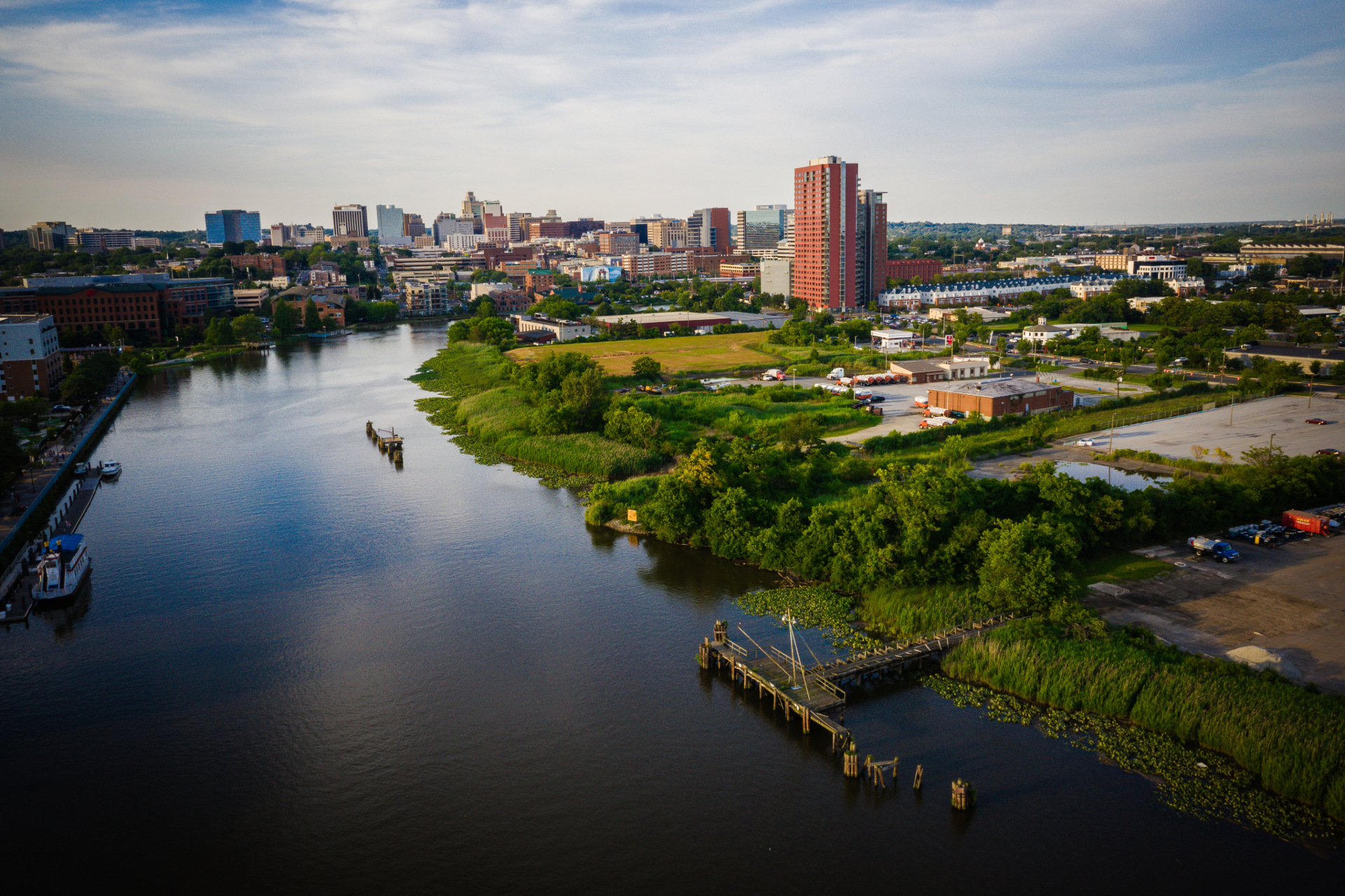 Aerial view of the Wilmington, Delaware skyline and Christina River