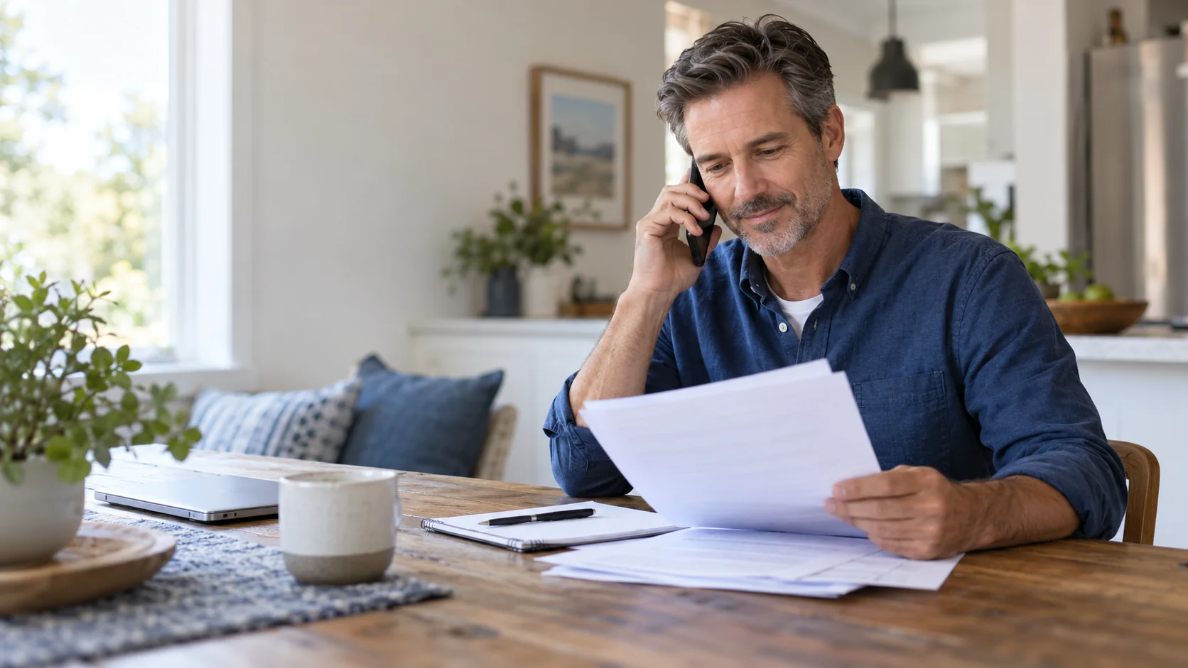 Client reviewing policy papers while speaking on the phone at home