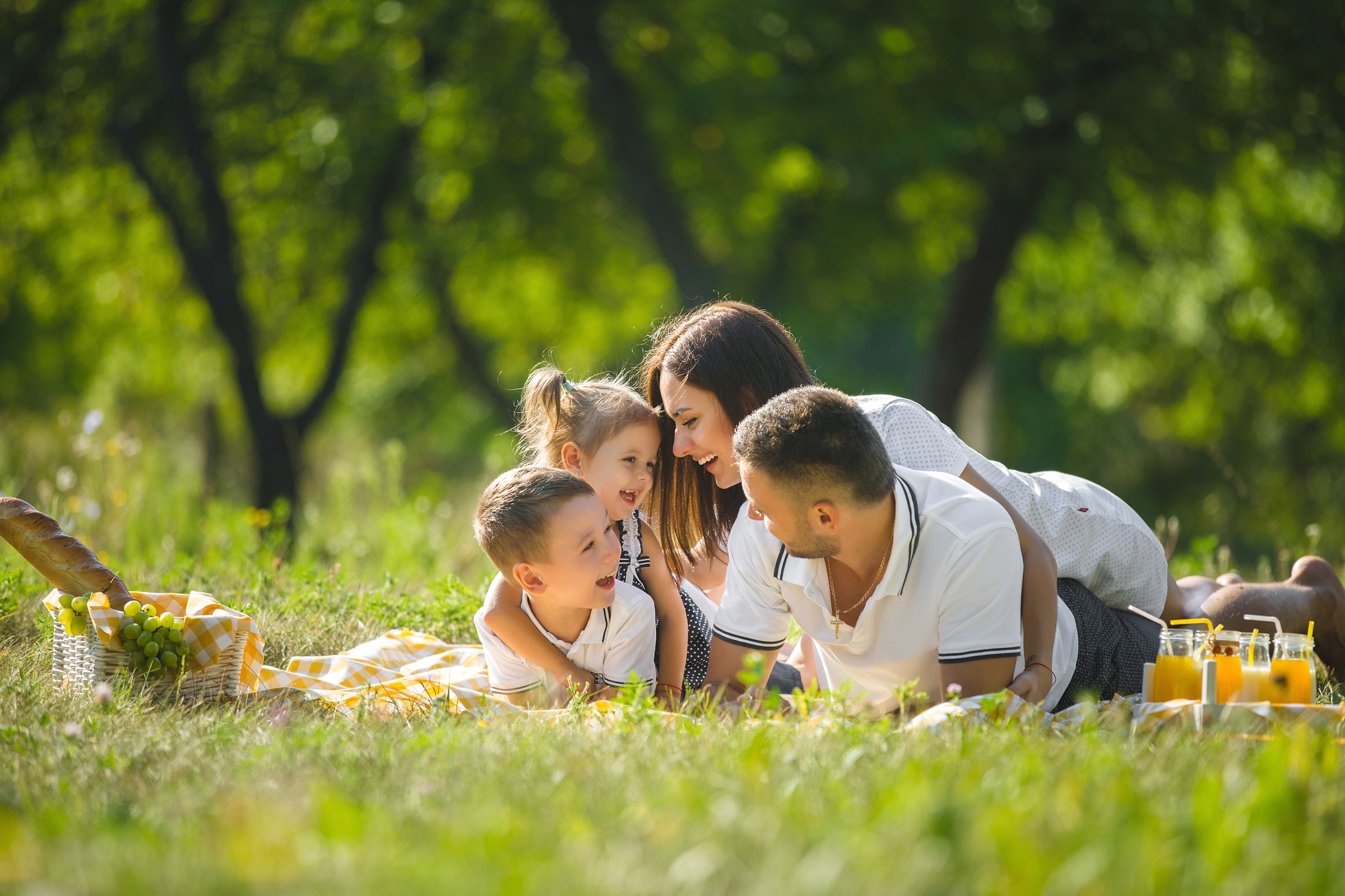 Parents and their two children smiling together during a picnic in a sunny park