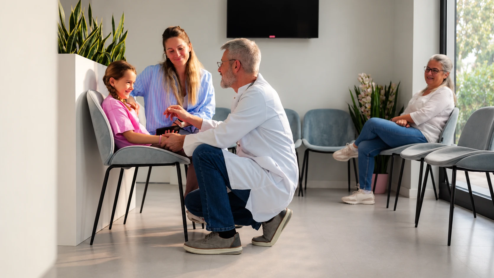 Doctor speaking with a family in a clinic waiting area