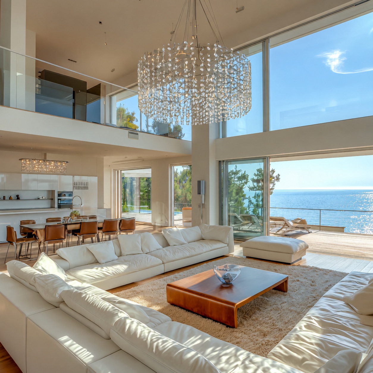 Bright coastal home interior overlooking the water