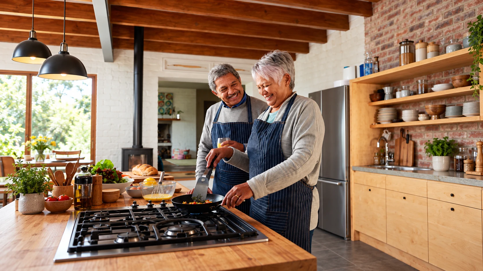 Retired couple cooking together at home