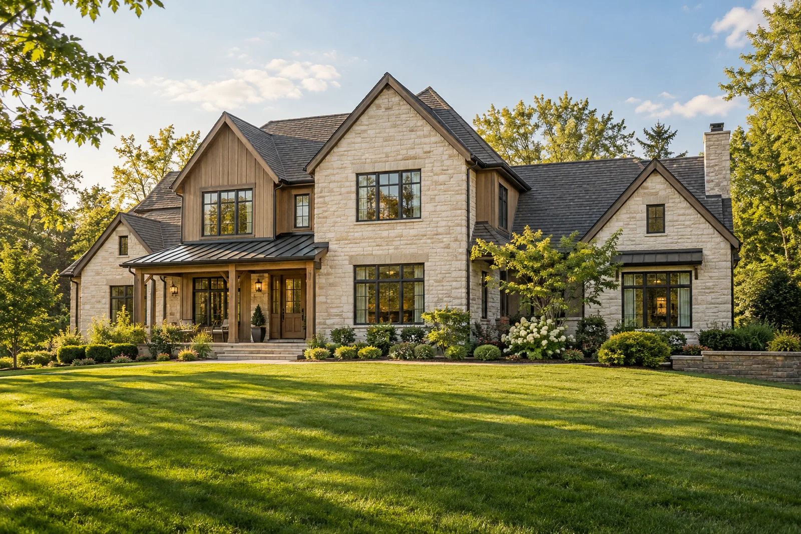 A contemporary stone and cedar home surrounded by a green lawn and natural landscaping in warm afternoon light