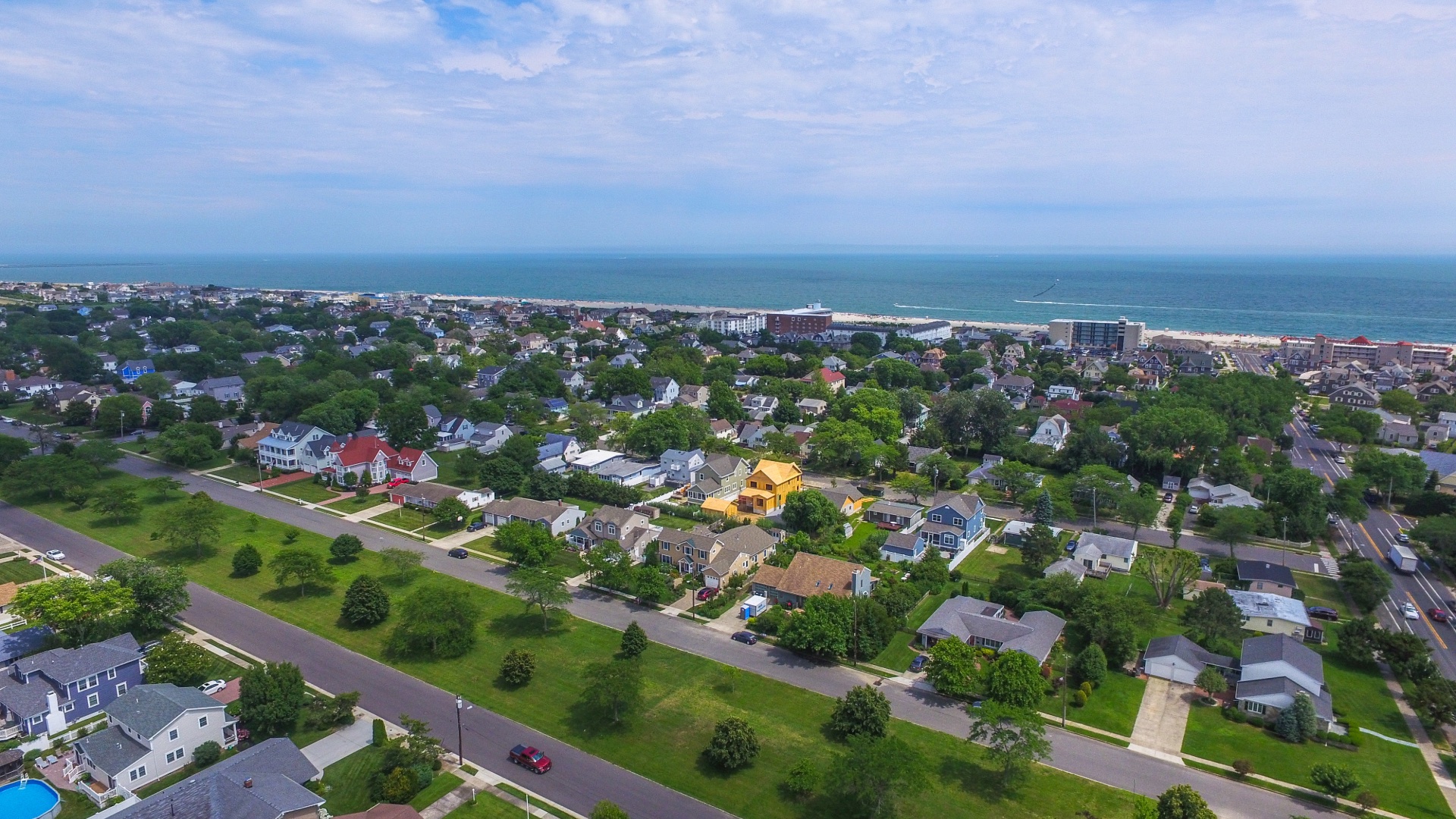 Coastal residential neighborhood viewed from above