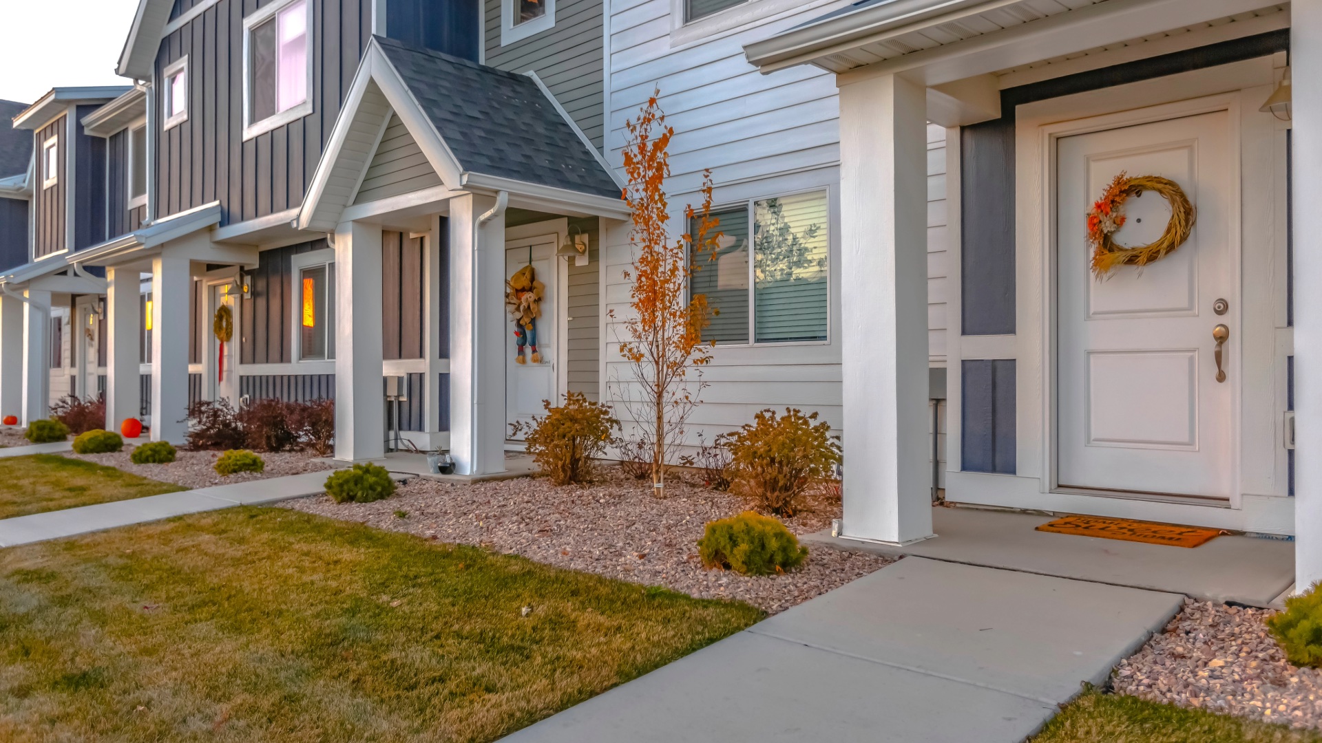 Row of townhomes in an autumn residential neighborhood