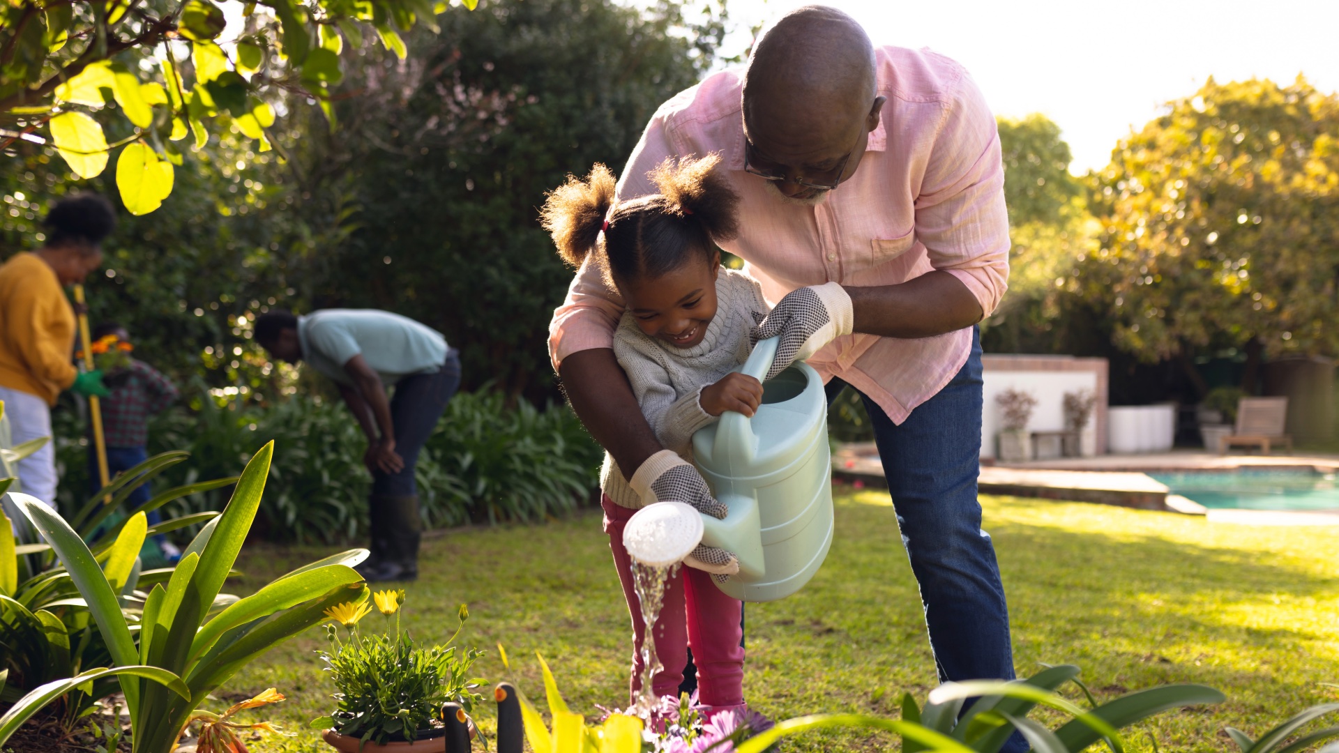 Grandfather and granddaughter watering flowers together