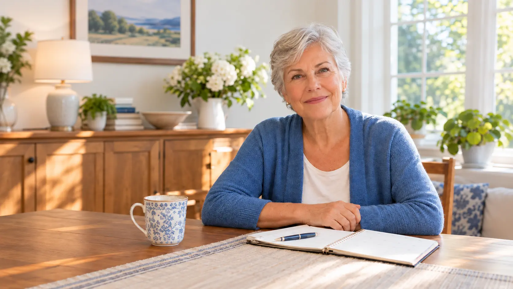 Older woman with a planner at a sunny dining table