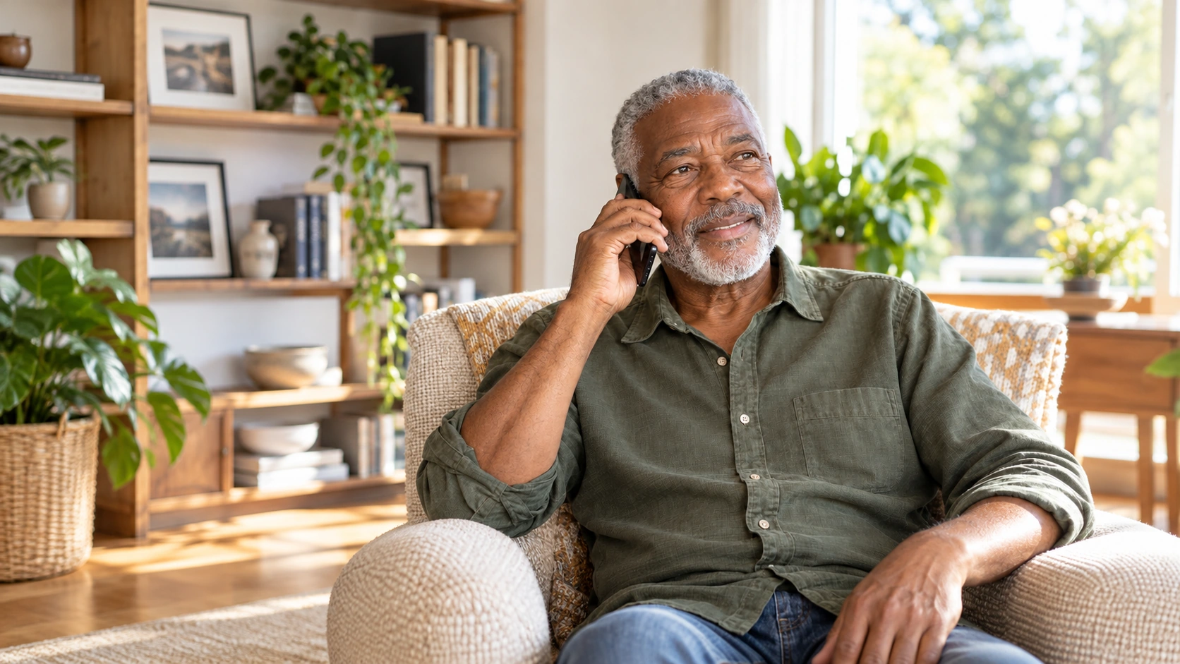 Older man discussing coverage by phone in a bright living room