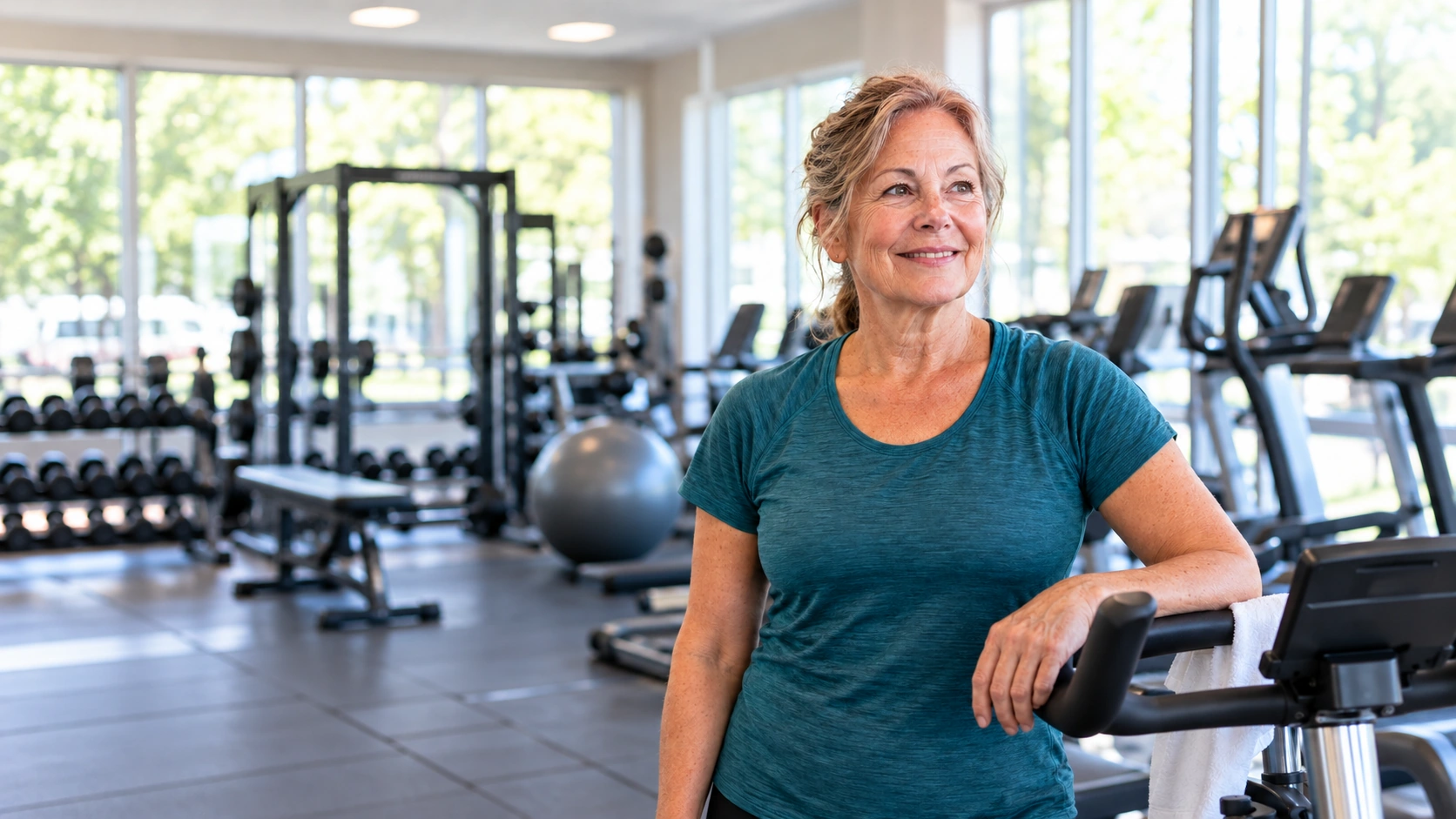 Older woman taking a break beside an exercise bike in a bright gym