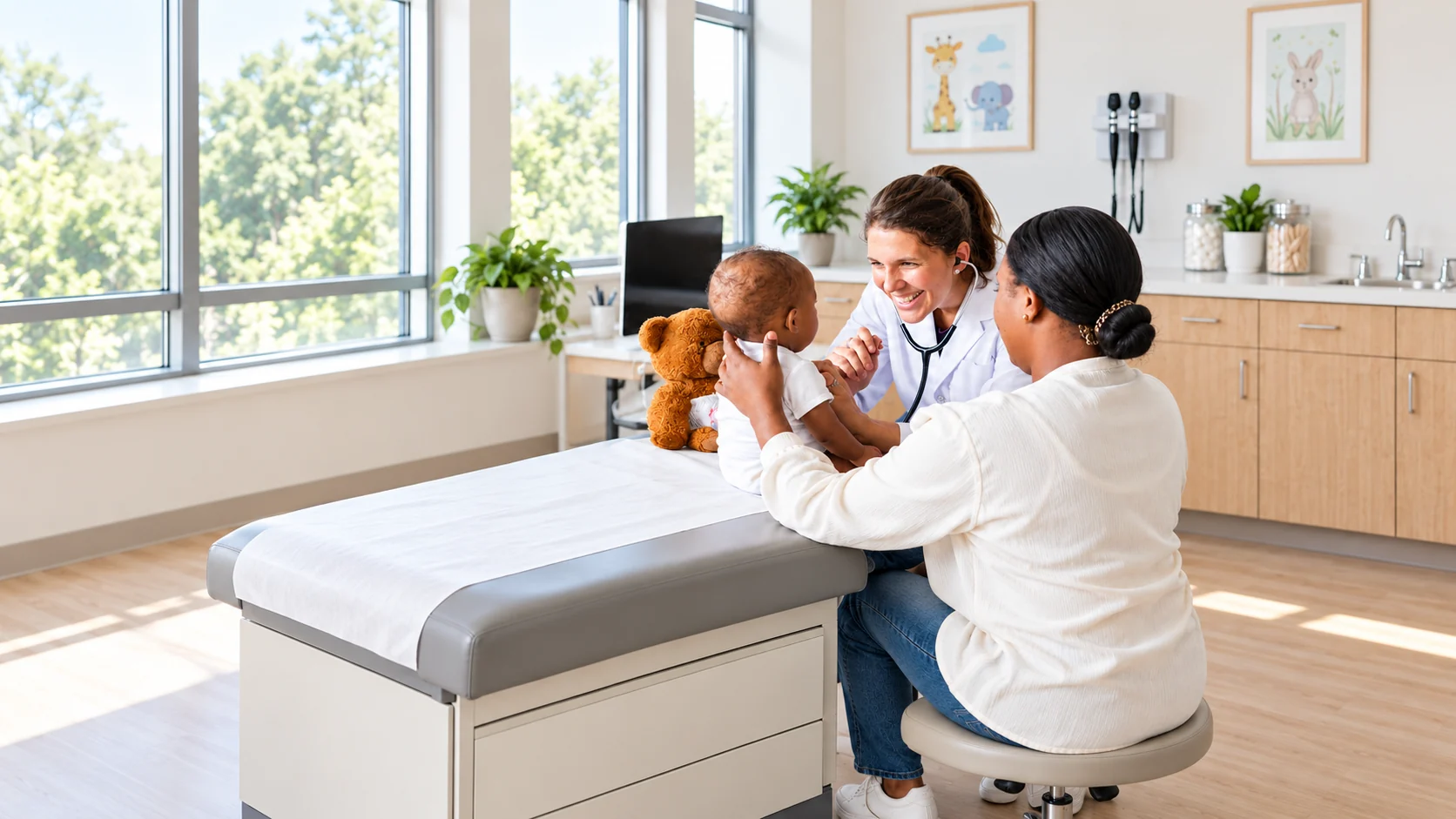 Pediatrician caring for a baby with a parent nearby