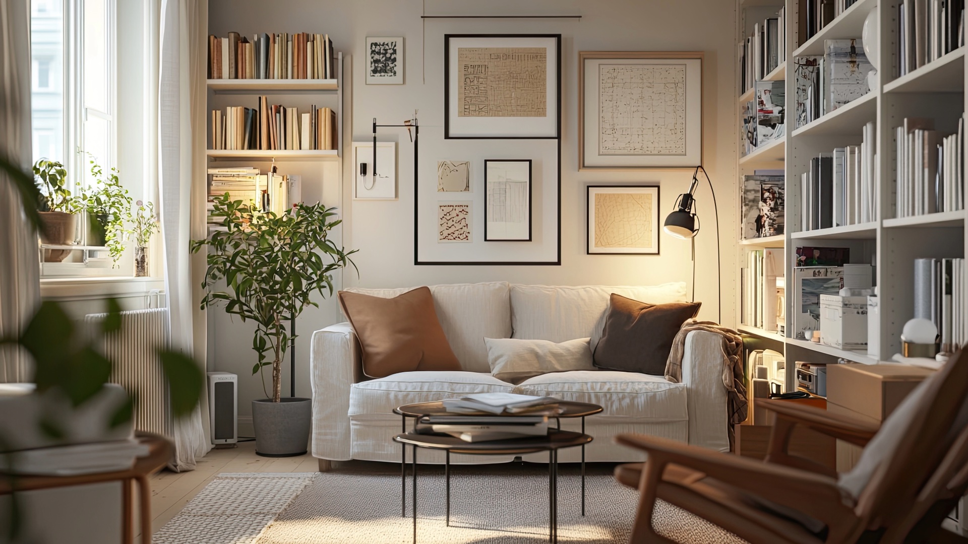 Cozy apartment living room with bookshelves and a cream sofa