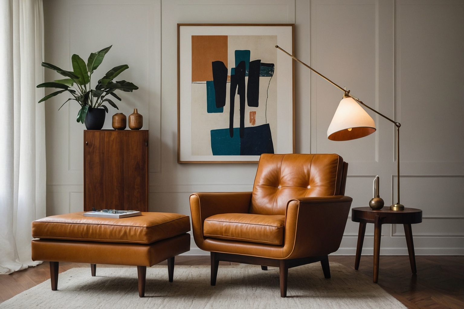 Warm modern apartment interior with a leather chair and ottoman