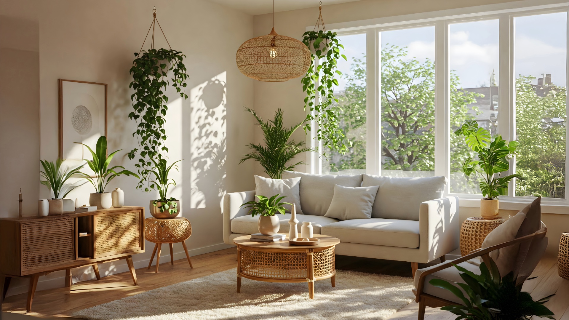 Sunlit living room with a white sofa and hanging plants