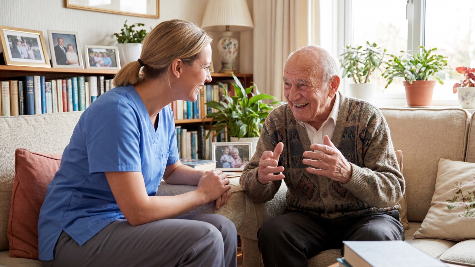 Home health caregiver talking with an older man in his living room