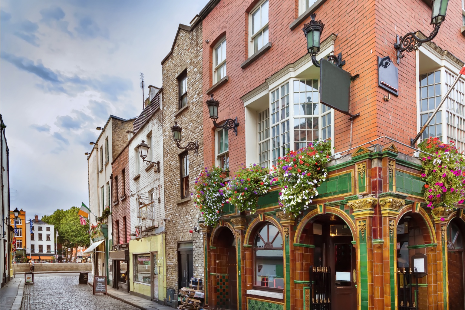 A colorful historic street in Dublin, Ireland