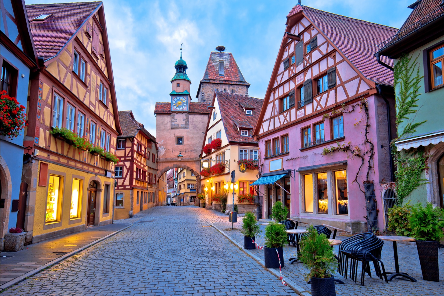 A historic half-timbered street in Rothenburg, Germany