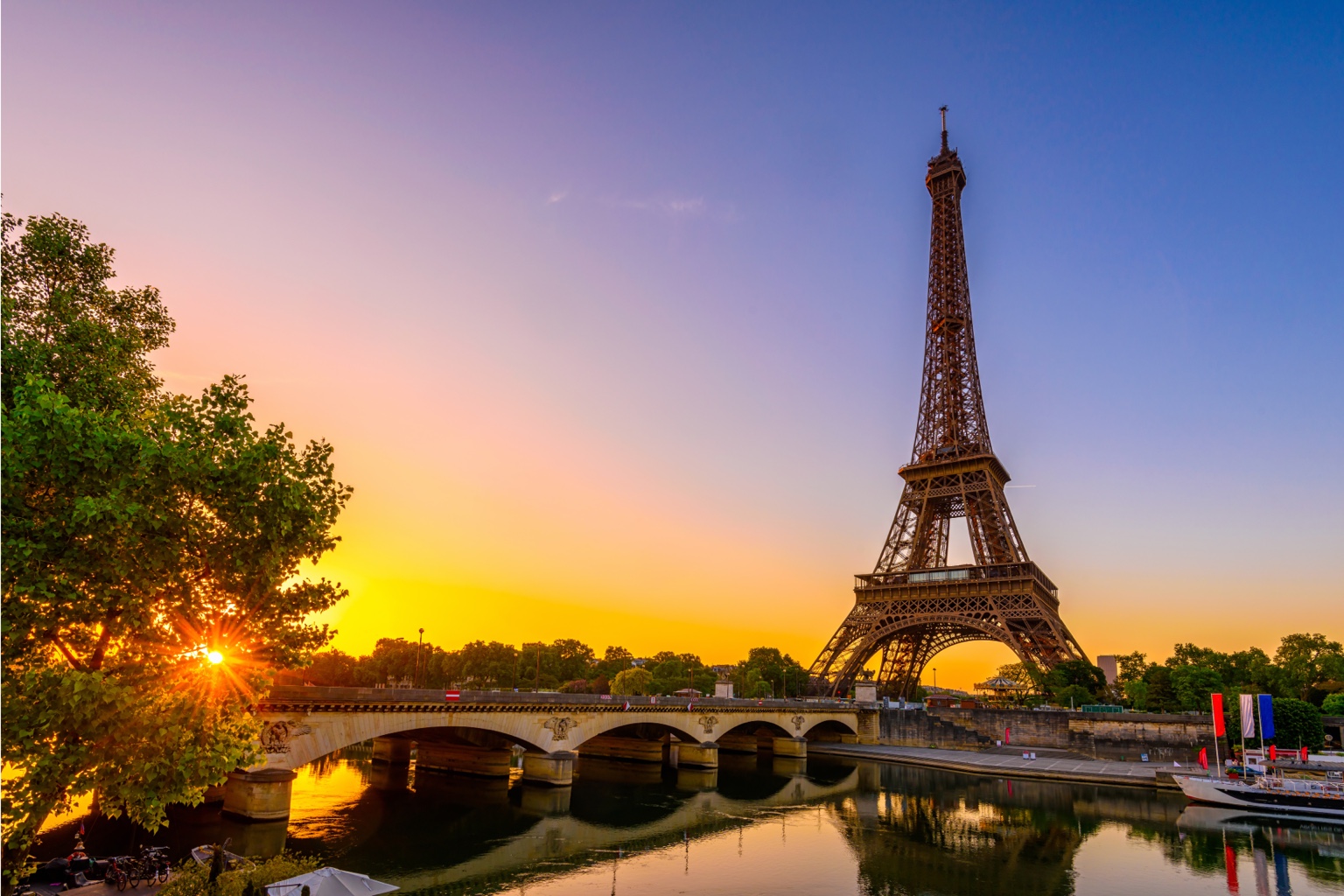 The Eiffel Tower at sunset in Paris, France