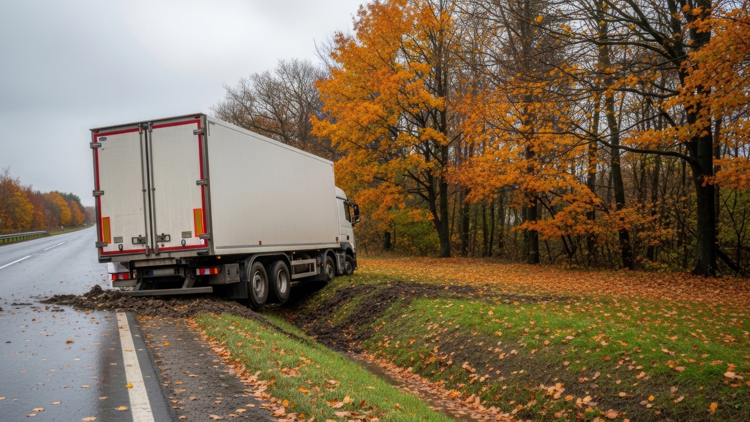 Commercial box truck beside a road lined with autumn trees