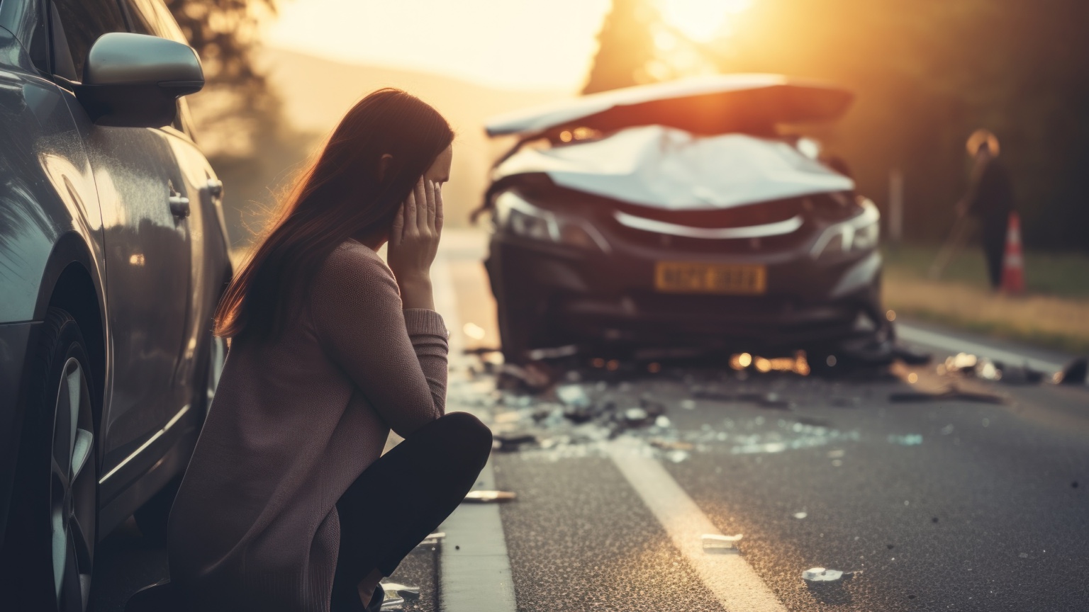 Woman seated beside a vehicle after a road accident